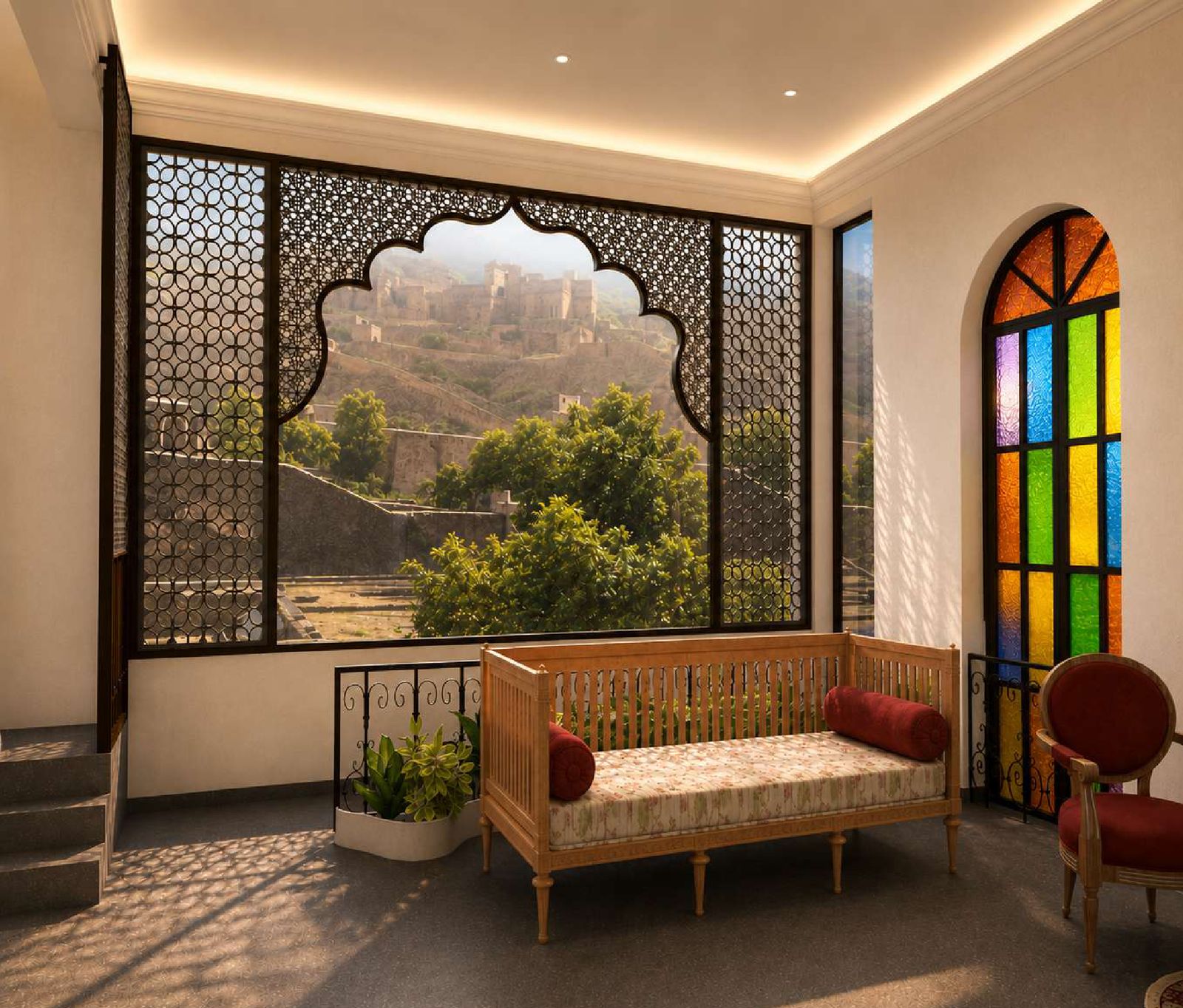 View of the Amber Fort through a jharokha window at Padharo House